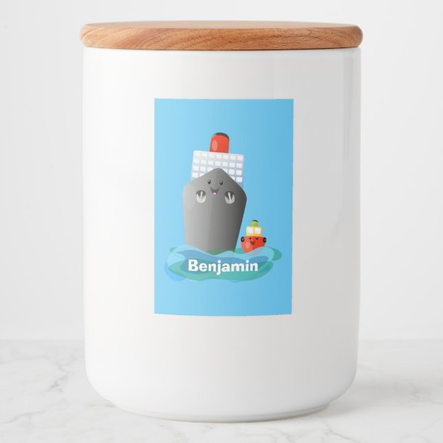 Cute ocean liner ship tug cartoon illustration food label (Front)