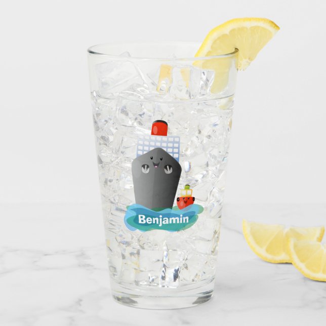 Cute ocean liner ship tug cartoon illustration glass (Back Ice)