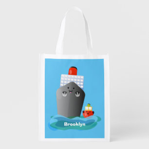 Cute ocean liner ship tug cartoon illustration grocery bag