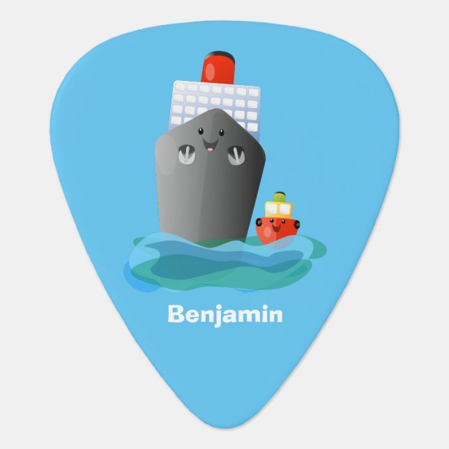 Cute ocean liner ship tug cartoon illustration guitar pick (Front)