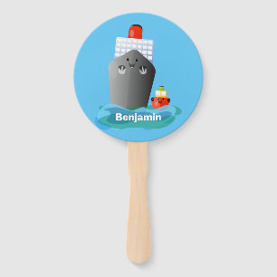 Cute ocean liner ship tug cartoon illustration hand fan