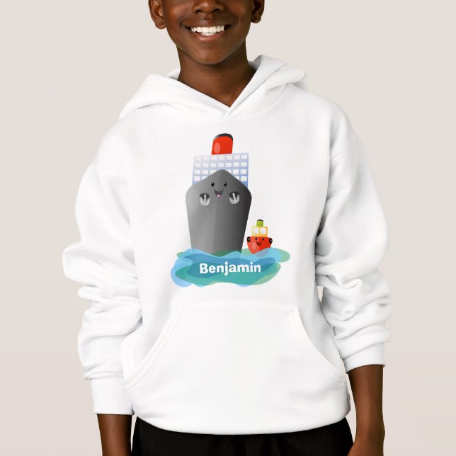 Cute ocean liner ship tug cartoon illustration hoodie (Front)