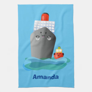 Cute ocean liner ship tug cartoon illustration kitchen towel