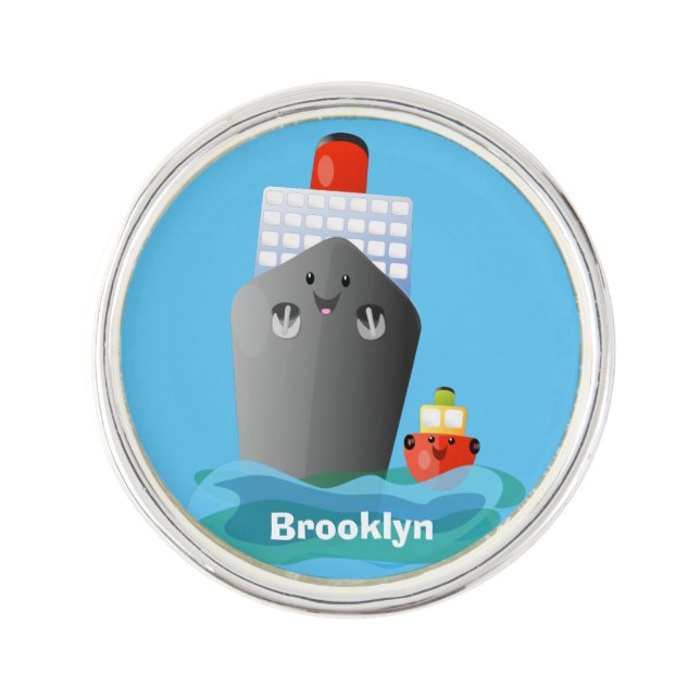 Cute ocean liner ship tug cartoon illustration lapel pin (Front)