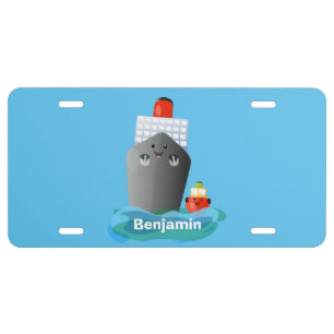 Cute ocean liner ship tug cartoon illustration license plate
