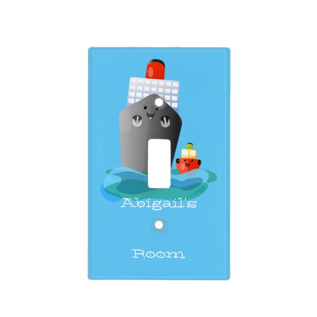 Cute ocean liner ship tug cartoon illustration light switch cover (Front)