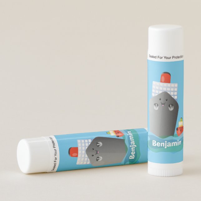 Cute ocean liner ship tug cartoon illustration lip balm (Front)