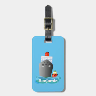 Cute ocean liner ship tug cartoon illustration luggage tag