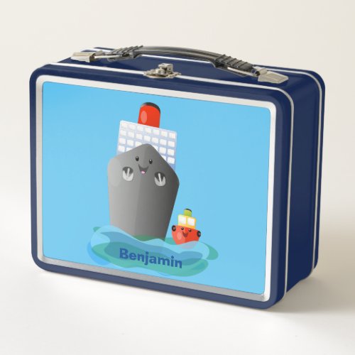 Cute ocean liner ship tug cartoon illustration metal lunch box