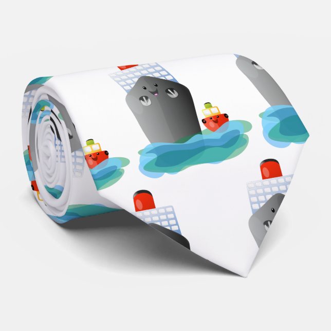 Cute ocean liner ship tug cartoon illustration neck tie (Rolled)