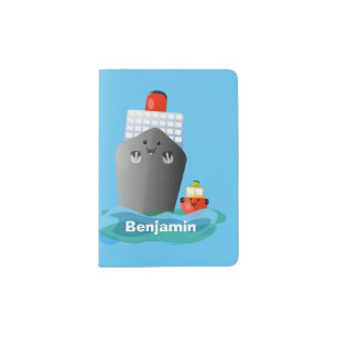 Cute ocean liner ship tug cartoon illustration passport holder