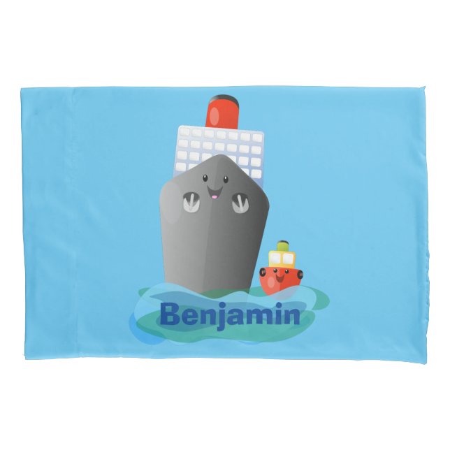Cute ocean liner ship tug cartoon illustration pillow case (Front)