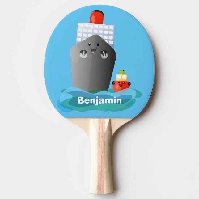 Cute ocean liner ship tug cartoon illustration ping pong paddle (Front)