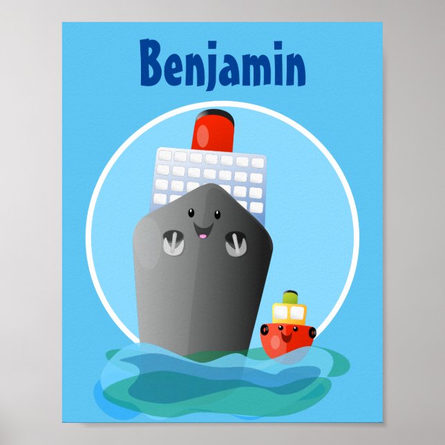 Cute ocean liner ship tug cartoon illustration poster (Front)