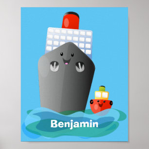 Cute ocean liner ship tug cartoon illustration poster