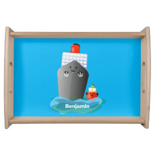 Cute ocean liner ship tug cartoon illustration serving tray