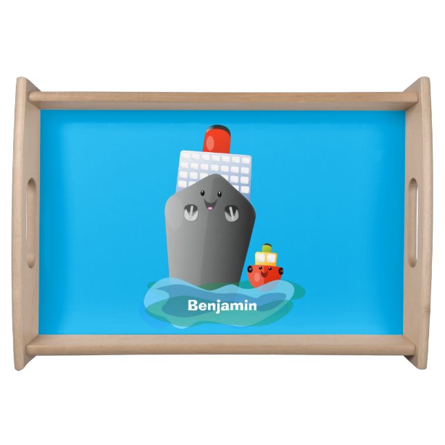 Cute ocean liner ship tug cartoon illustration serving tray (Front)