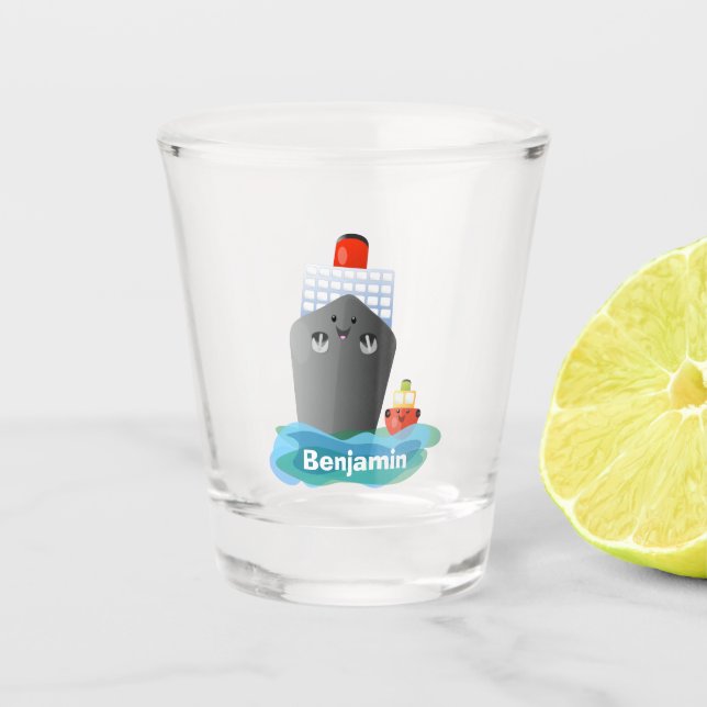 Cute ocean liner ship tug cartoon illustration shot glass (Front)