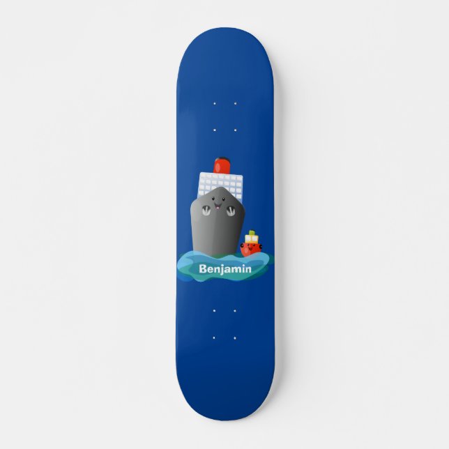 Cute ocean liner ship tug cartoon illustration  skateboard (Front)