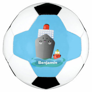 Cute ocean liner ship tug cartoon illustration  soccer ball