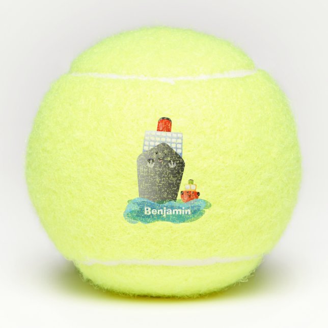 Cute ocean liner ship tug cartoon illustration  tennis balls (Front)