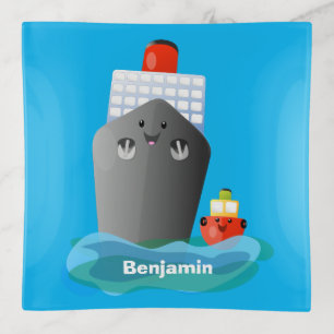 Cute ocean liner ship tug cartoon illustration trinket tray