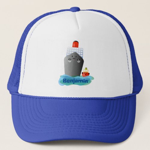 Cute ocean liner ship tug cartoon illustration trucker hat