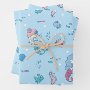 Cute Ocean Mermaids and Sea Creatures Pattern Wrapping Paper Sheets