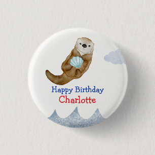 Cute Ocean Otter Scallops Birthday party Button