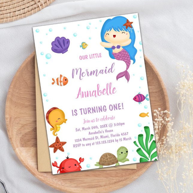 Cute Ocean Party Invite for Girls (Little Blue heir Mermaid Invitations)