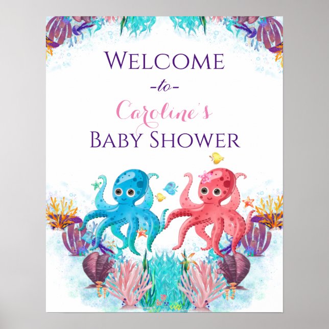 Cute Ocean Sea baby Twin Octopus colourful Welcome Poster (Front)