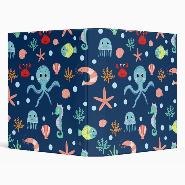 Cute Ocean Sea Life Pattern 3 Ring Binder (Background)