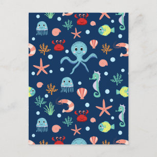 Cute Ocean Sea Life Pattern Announcement Postcard