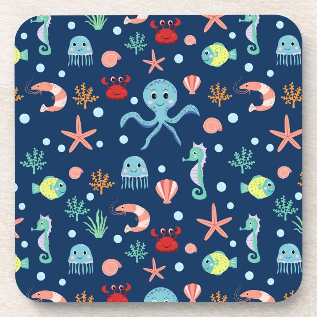 Cute Ocean Sea Life Pattern Beverage Coaster (Front)