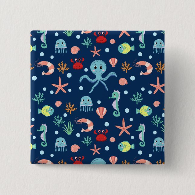 Cute Ocean Sea Life Pattern Button (Front)