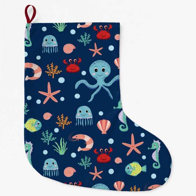 Cute Ocean Sea Life Pattern Large Christmas Stocking (Front)