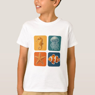 Cute Ocean Sea Life Pattern - Seahorse, Jellyfish, T-Shirt