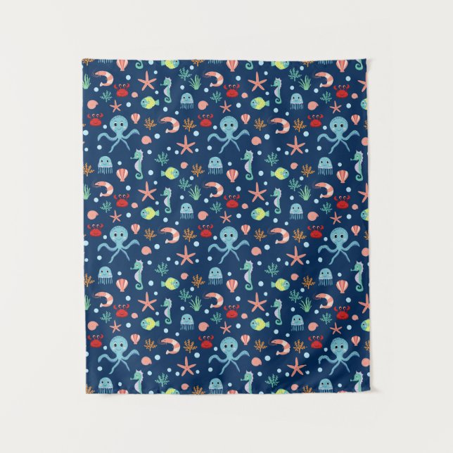 Cute Ocean Sea Life Pattern Tapestry (Front)