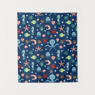 Cute Ocean Sea Life Pattern Tapestry
