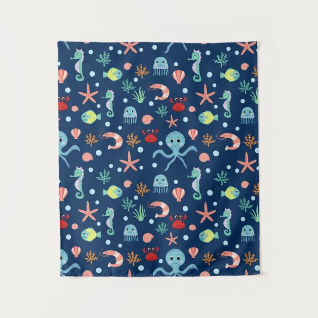 Cute Ocean Sea Life Pattern Tapestry (Front)