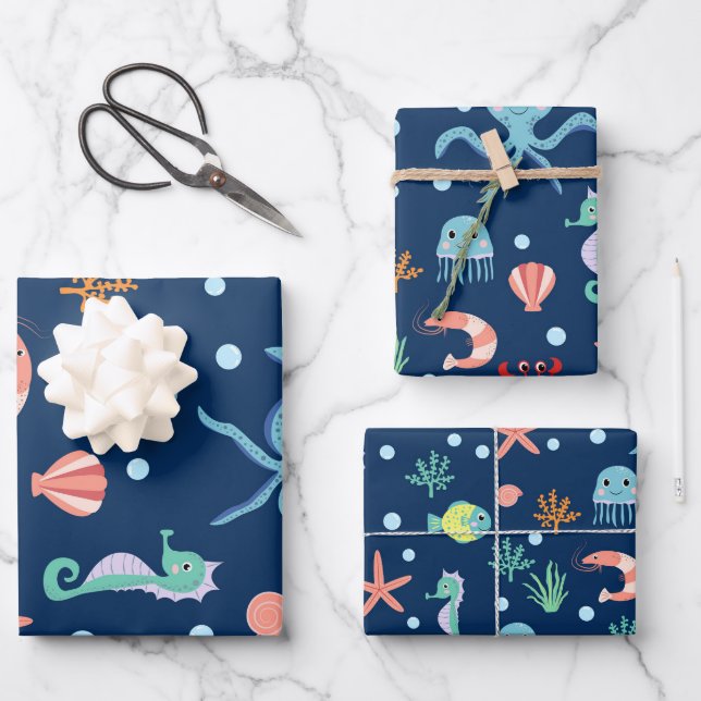 Cute Ocean Sea Life Pattern Wrapping Paper Sheets (Front)