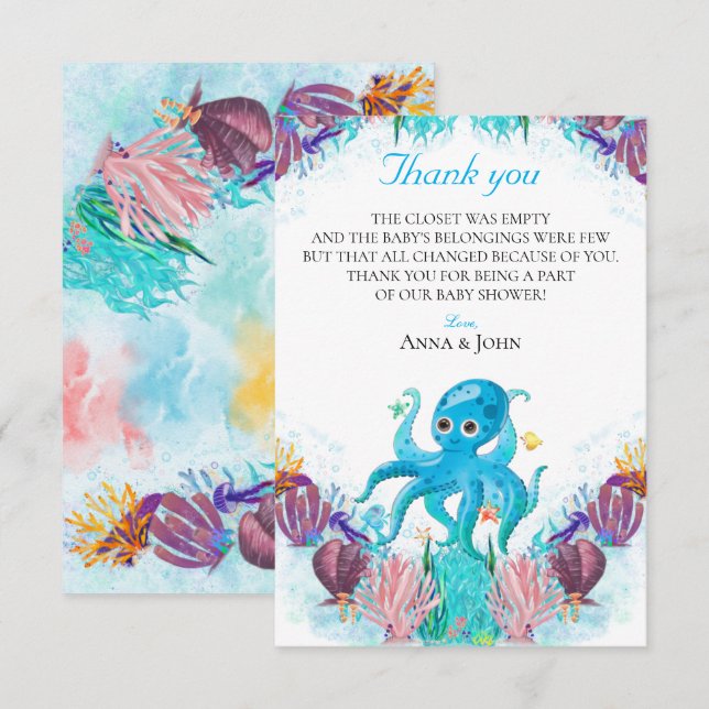 Cute Ocean Sea Octopus Colourful Baby Fawn Thank Y You Card (Front/Back)
