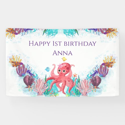 Cute Ocean Sea Octopus colourful Happy Birthday  Banner