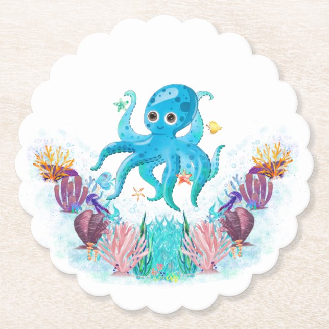 Cute Ocean Sea Octopus With Colourful Seashells Pa Paper Coaster (Front)