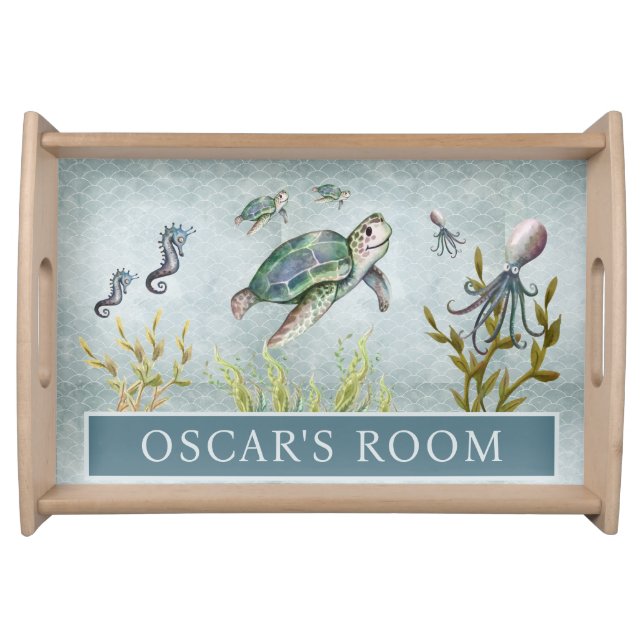 Cute Ocean Seahorse Turtle Octopus Baby Nursery Serving Tray (Front)