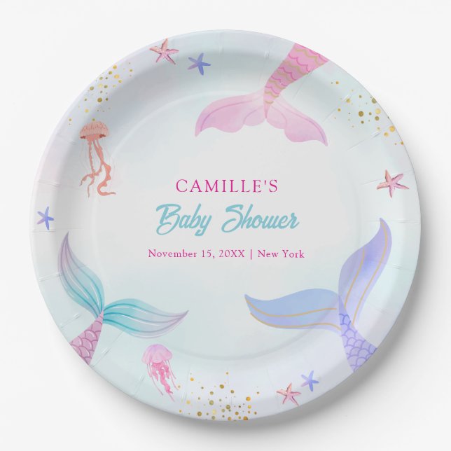 Cute Ocean Summer Mermaid Tail Baby Shower Paper Plates (Front)