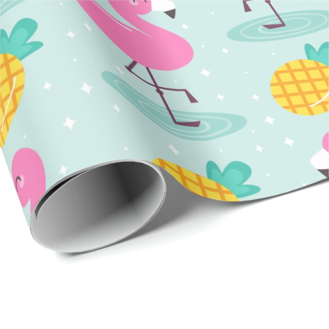 Cute Ocean Summer Pineapple and Pink Flamingo Wrapping Paper (Roll Corner)