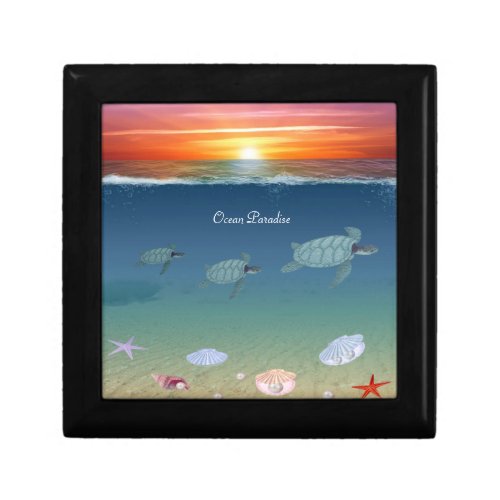 Cute ocean sunrise sea turtles shells  pearls gift box