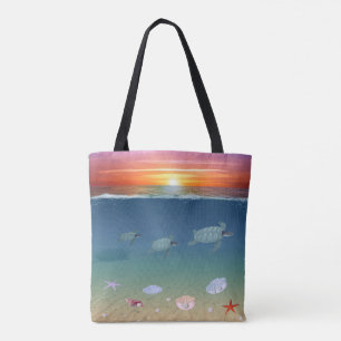 Cute ocean sunrise, swimming sea turtles & shells tote bag