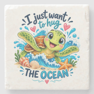 Cute Ocean Turtle Hug The Ocean Design Stone Coaster